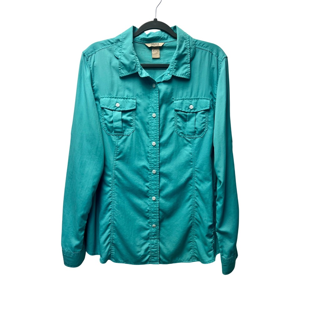 Duluth Trading Co Button Down Shirt 2XL Teal Nylon Long Roll-Tab Sleeve Hiking